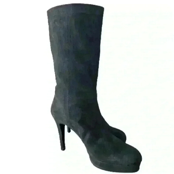 VERO CUIOIO BLACK LEATHER  FUR HEELS OVAL TOE PLATFORM BOOTS SIZE 38 - Picture 2 of 16